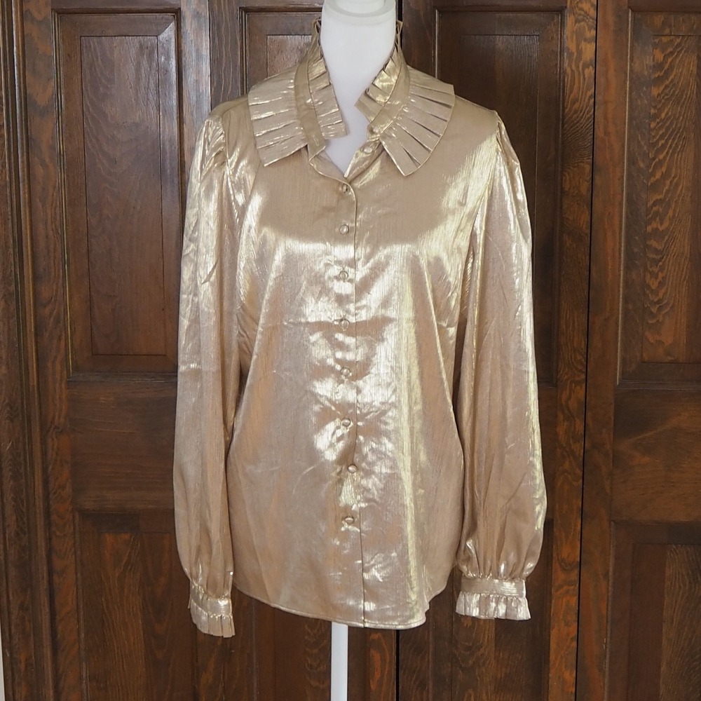 Boden Ruffle Collar Party Blouse Women's US 12 Gold Metallic Top Button Front